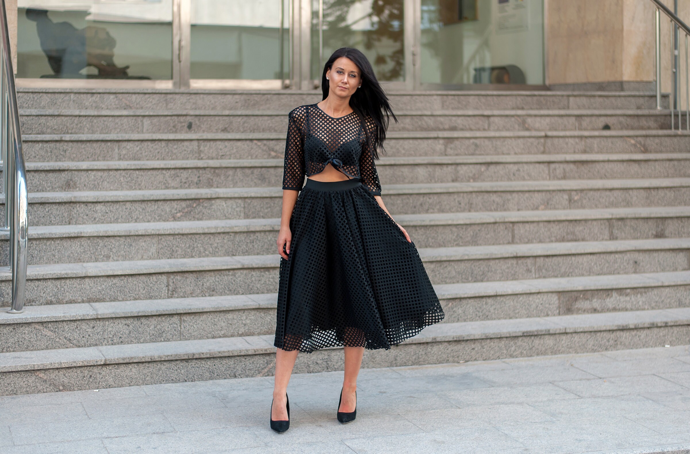 Midi Skirt And Top Set With Mesh/Black Set For Women/Mesh Etsy