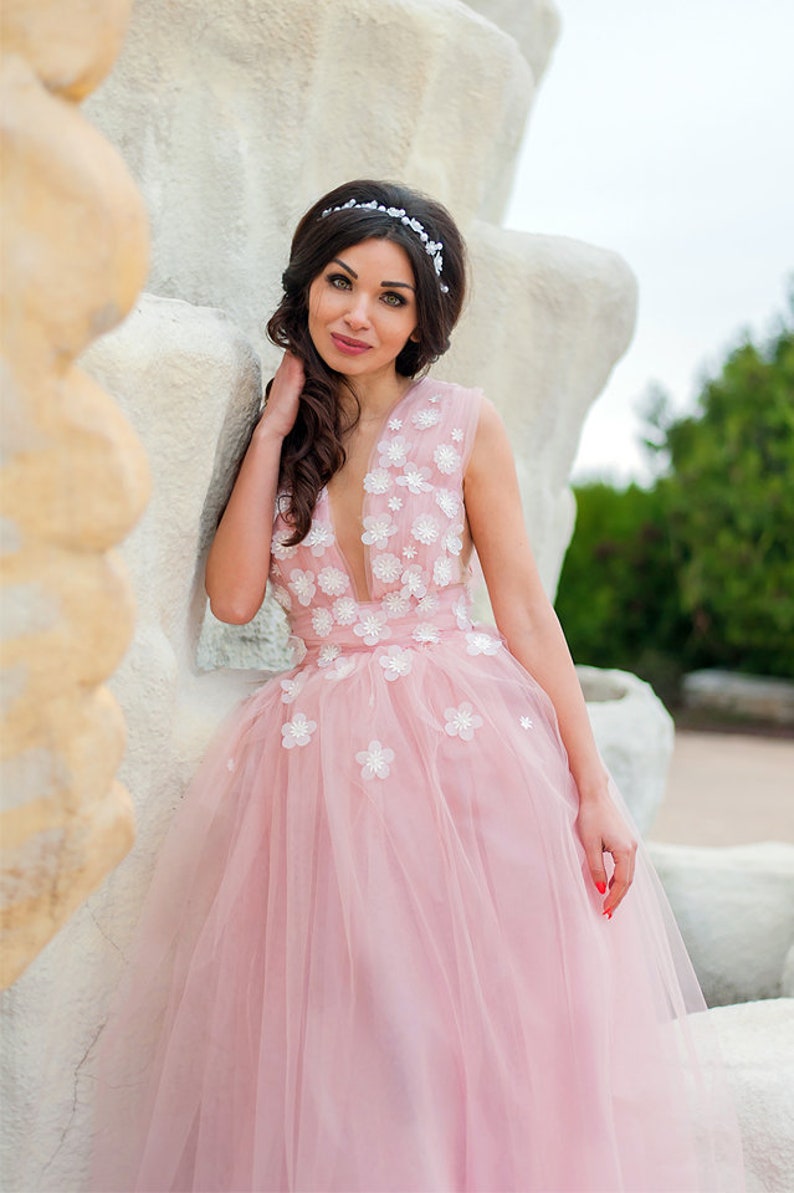 Dress with 3D Flowers / Tulle Prom Dress / Ash Rose Dress / Etsy
