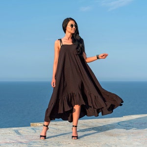 Flared Maxi Dress / Dot Print Dress / Maxi Dress Wit Belt / Asymmetric Flared Dress / Maxi Dress / Women Dress / Asymmetric Long Dress image 1