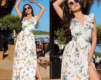 Long Floral Ruffle Sleeve Summer Dress / V-Neck Long Dress / Long Dress For Women / Maxi Dress / Summer Longs Dress / Slit Long  Dress