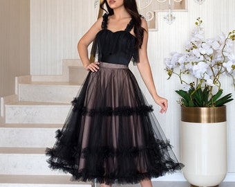 Jupe mi-longue en tulle évasée à volants / Jupe en tulle élégante / Jupe formelle taille haute / Jupe en satin et tulle / Jupe d'occasion formelle / Jupes mi-longues