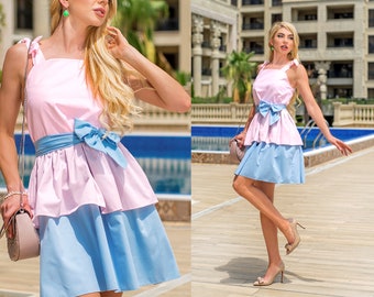 Pink And Blue Cute Summer Dress / Ruffle Summer Dress / Ribbon Tie Straps Dress / Dress With Belt / Womens Dresses