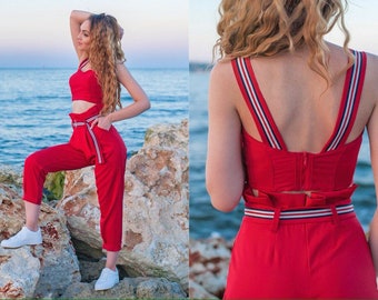 Casual Set For Women / Long Pants And Crop Top Set / 2 Piece Women's Set / Long Pants With Belt / Crop Top Set