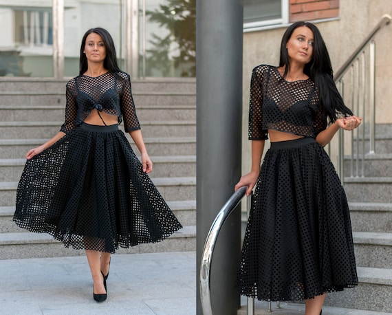 Midi Skirt and Top Set With Mesh/black Set for Women/mesh - Etsy