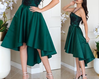 Asymmetric Emerald Green Skirt / Midi Skirt / Satin Skirt / Midi Skirt / Circle Skirt / Womens Skirt / High Waisted Skirt / Skirt For Women