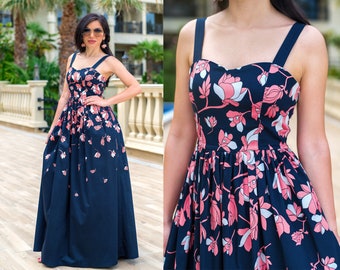 Wide Straps Long Dress With Flowers / Navy Long Dress With Flowers / Long Floral Dress / Dress For Women / Long Dress / Long Women Dress