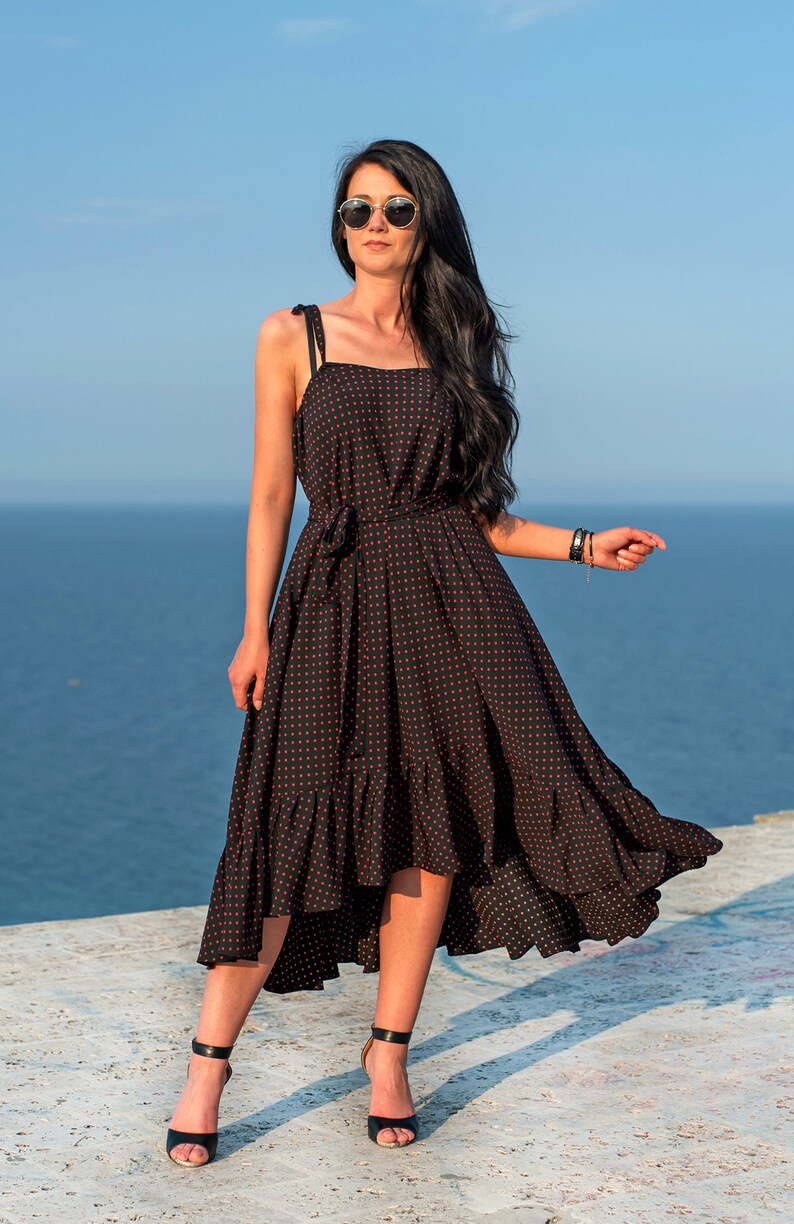 Flared Maxi Dress / Dot Print Dress / Maxi Dress Wit Belt / Asymmetric Flared Dress / Maxi Dress / Women Dress / Asymmetric Long Dress image 9