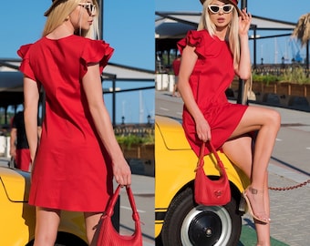 Ruffle Sleeve A-Line Cotton Dress / Red Dress / Above The Knee Dress / Summer Dress / Dress For Woman / Cute Summer Dress / Women’s Dresses