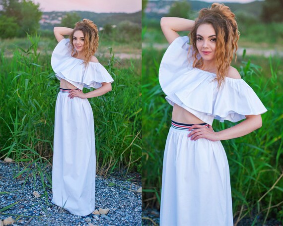 White Top and Skirt Cotton Set / Long 