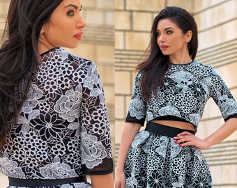 Black And White Floral Crop Top / Lace Floral crop Top / 3/4 Sleeves Top / Womens Top / Crop Top / Lace Top / Floral Top / Mesh Top / Tops