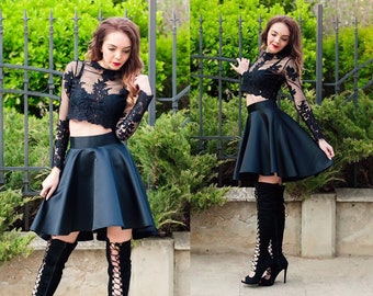 Asymmetric Skirt / High Waisted Skirt /  Women's Skirts / Circle Skirt / Elegant Skirt / Black Skirt / Flare Skirt / Satin Skirt