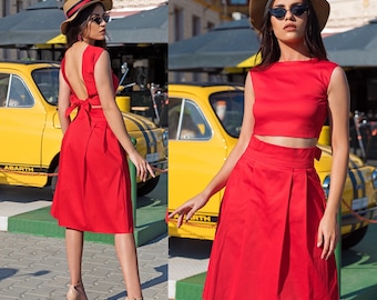 Midi Skirt And Open Back Crop Top Set / Cotton Set / Midi Skirt And Top Set For Women / Red Set / Summer Cotton Midi Set / Women’s Set