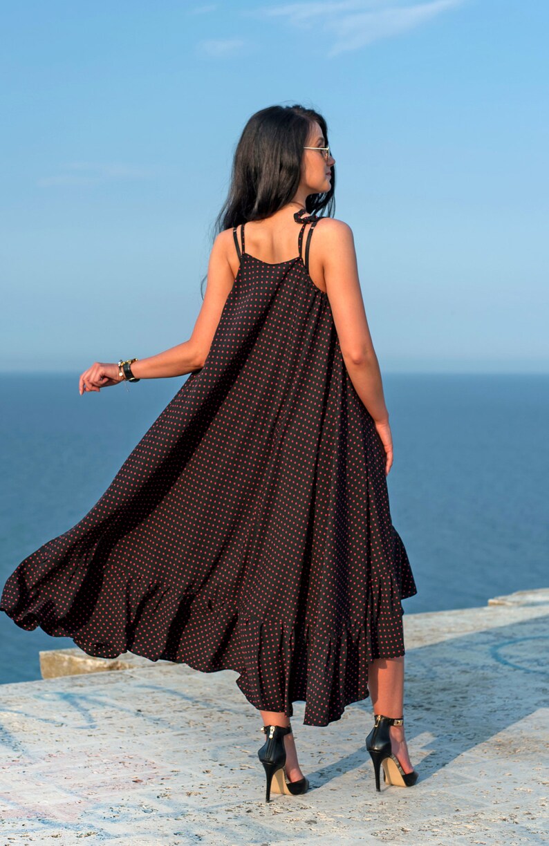 Flared Maxi Dress / Dot Print Dress / Maxi Dress Wit Belt / Asymmetric Flared Dress / Maxi Dress / Women Dress / Asymmetric Long Dress image 7