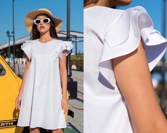 Ruffle Sleeve A-Line Cotton Dress / White Dress / Above The Knee Dress / Summer Dress / Dress For Woman / Cute Summer Dress / Women’s Dress