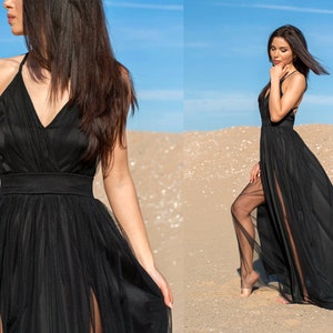 Double Slit Tulle Dress /  Tulle And Satin Dress / Sexy Long Dress / Maxi Dress / Womens Dress / Black Dress / Long Dress / Open Back Dress