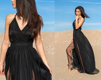 Double Slit Tulle Dress /  Tulle And Satin Dress / Sexy Long Dress / Maxi Dress / Womens Dress / Black Dress / Long Dress / Open Back Dress