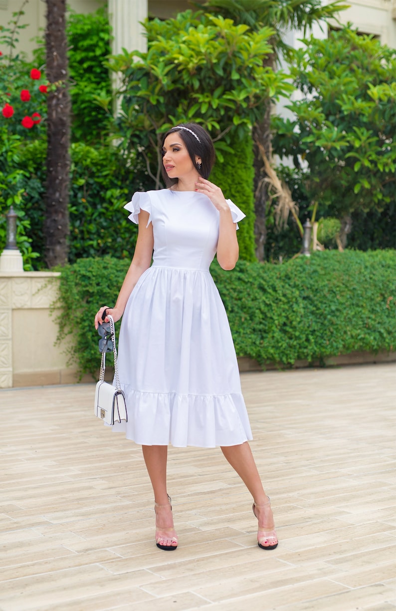 Ruffle Sleeve And Hem Midi Dress / White Midi Dress / Summer Midi Dress / Womens Midi Dress / Cotton Dress / Midi Dress For Women / Dresses image 2