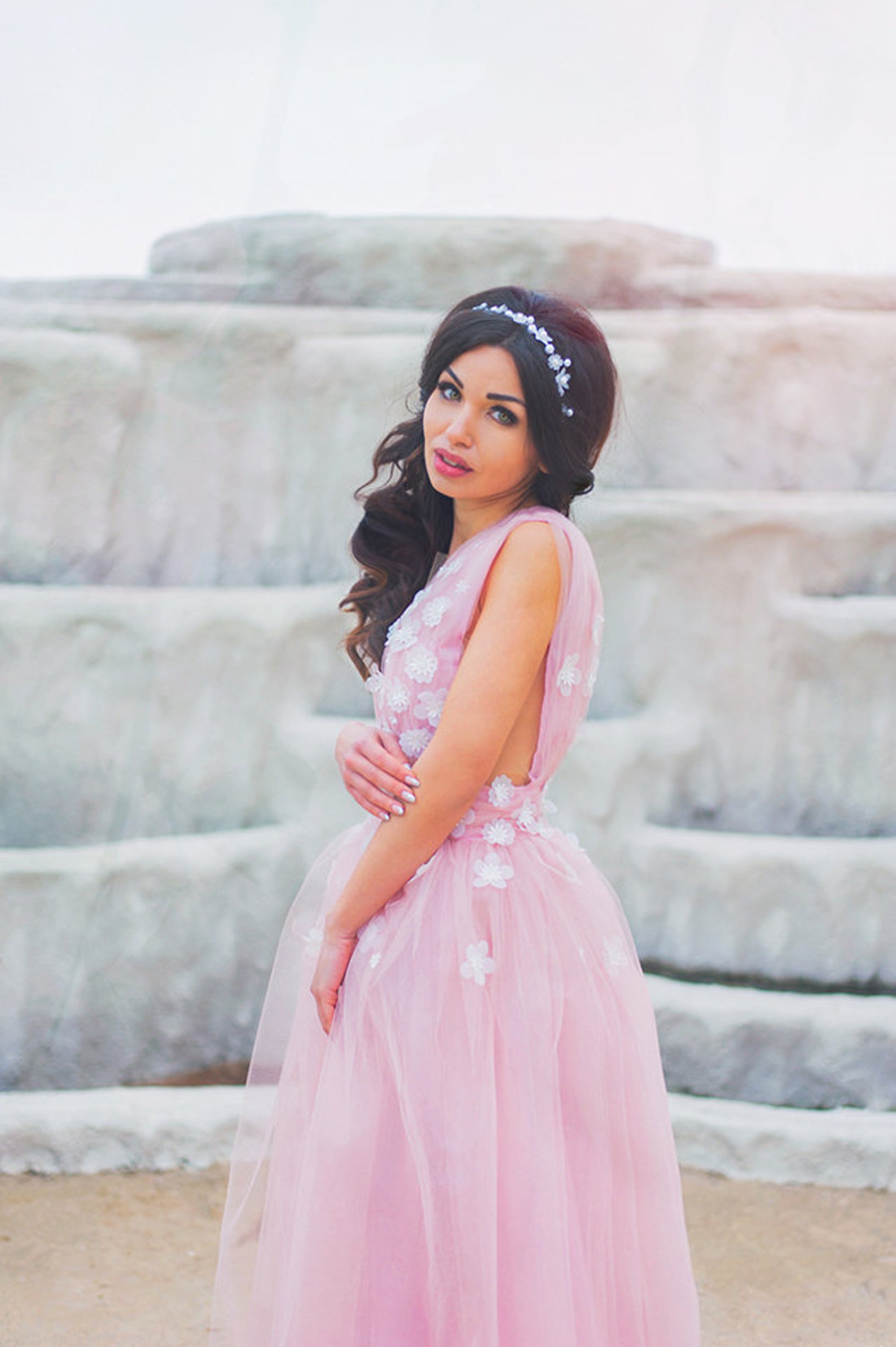 Dress with 3D Flowers / Tulle Prom Dress / Ash Rose Dress / Etsy