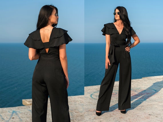 Elegant Jumpsuit With Belt / Wide Leg Jumpsuit / Wrap Jumpsuit / Black  Jumpsuit / Jumpsuit for Women / Jumpsuits / Women Jumpsuit 