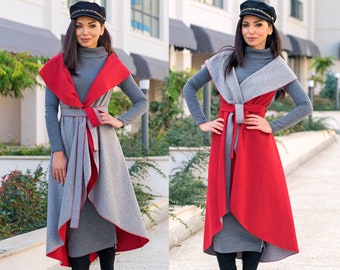 Double Sided Long Vest / Sleeveless Long Coat / Long Vest / Womens Vest / Wool Sleeveless Coat / Gray And Red Coat / Long Vest With Belt
