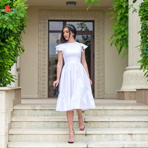 Ruffle Sleeve And Hem Midi Dress / White Midi Dress / Summer Midi Dress / Womens Midi Dress / Cotton Dress / Midi Dress For Women / Dresses image 1