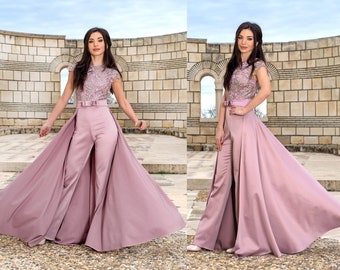 Evening Satin And Lace Train Jumpsuit / Prom Jumpsuit / Train Jumpsuit / Evening Jumpsuit / Ash Rose Jumpsuit With Detachable Train