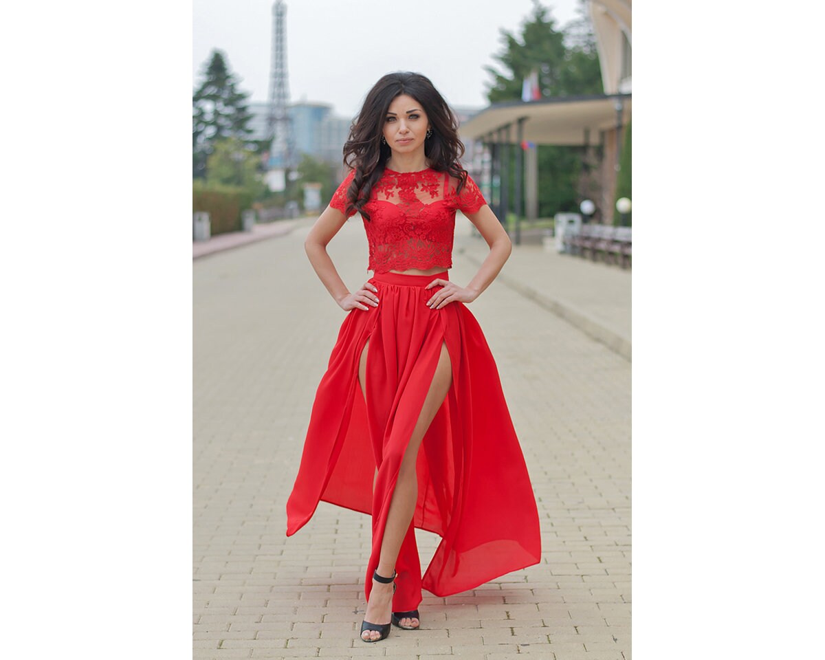 red lace maxi skirt