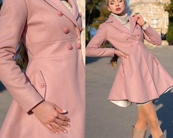 Flared Elegant Womens Coat / Double Breasted Elegant Coat / Winter Coat / Fit And Flare Coat / Women Coat / Coat  For Women / Pink Coat