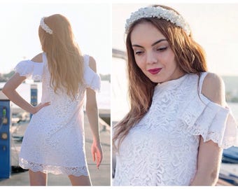 White Dress / Lace Dress/ Women's Dresses / Open Sleeve Dress / Short Dress / Cute Dress / Open Shoulder Dress