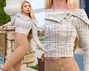 Off-Shoulder Plaid Top / Crop Sleeves Top / Long Sleeve Top For Women / Bodycon Crop Top / Sleeves Top / Plaid Top