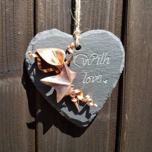 Small copper calla lily and ivy slate hanging heart personalisation can be added for free metal flower, hanging decor, metal lily image 1