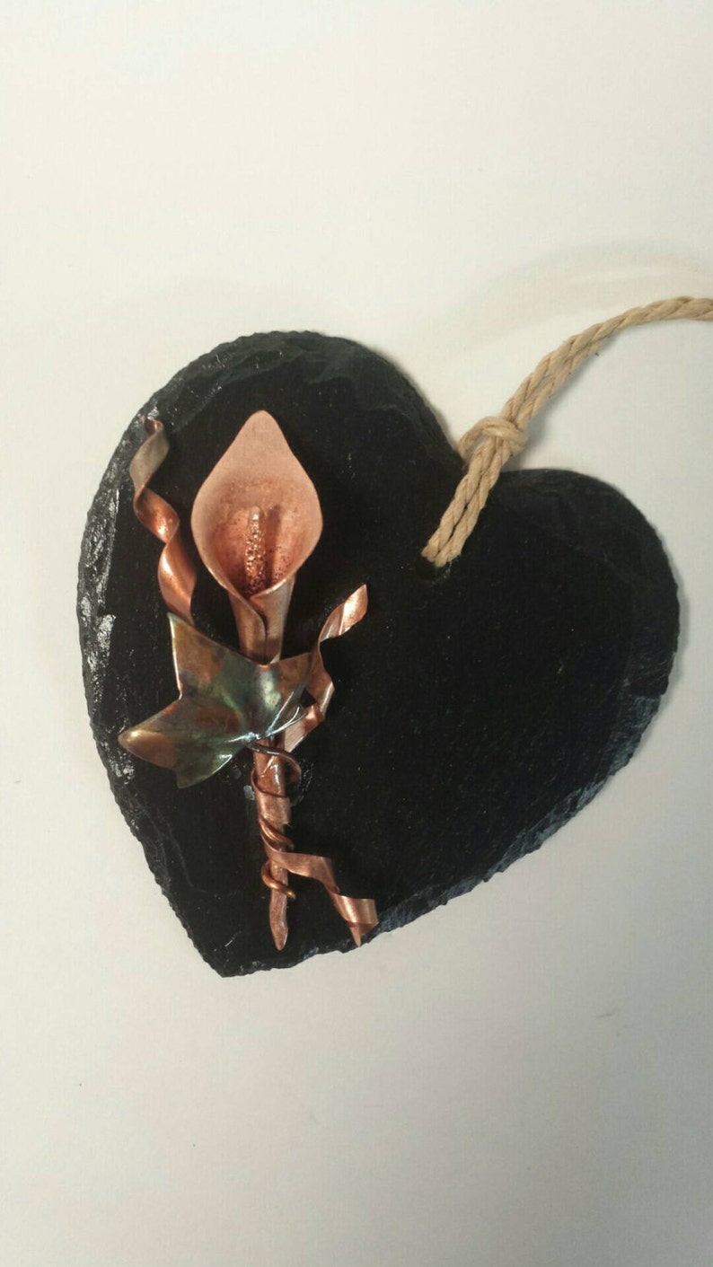 Small copper calla lily and ivy slate hanging heart personalisation can be added for free metal flower, hanging decor, metal lily image 7