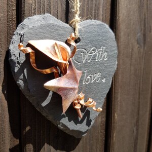 Small copper calla lily and ivy slate hanging heart personalisation can be added for free metal flower, hanging decor, metal lily image 5