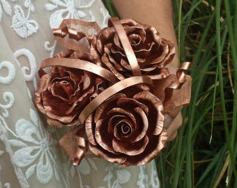 Rustic wedding bouquet, 3 copper roses, boho bride, rose posy, wedding flowers, bride bouquet, gothic flowers, steampunk wedding