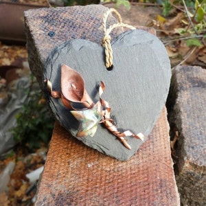 Small copper calla lily and ivy slate hanging heart personalisation can be added for free metal flower, hanging decor, metal lily image 6