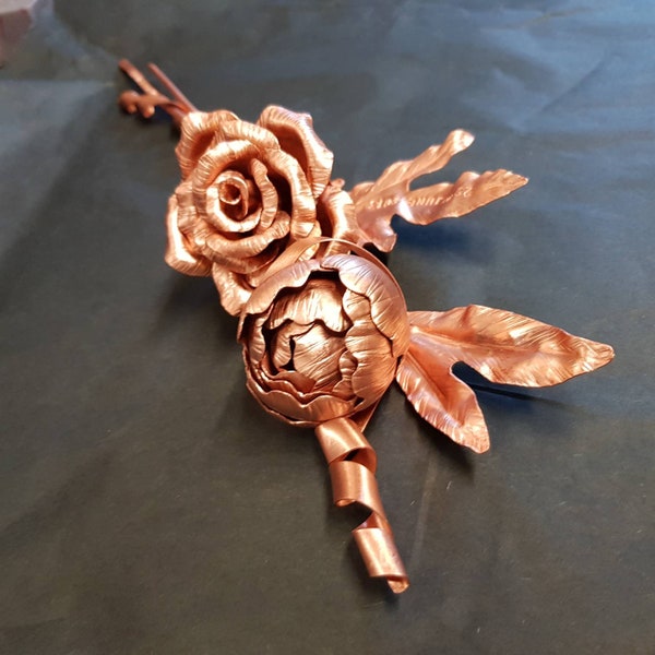 Copper Rose and peony, copper anniversary  gift, never fading flowers, rustic metal chic, copper floral display,