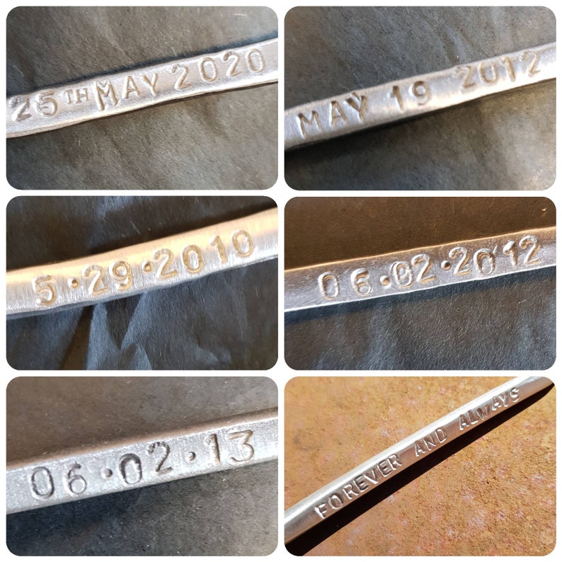 May include: Close-up of four metal bars with different dates engraved on them. The dates are 5.29.2010, 06.02.2012, 06.02.2013, and 25th MAY 2020. The last bar has the words "FOREVER AND ALWAYS" engraved on it.