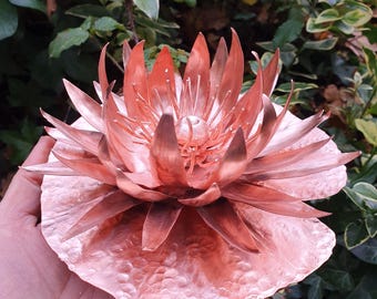 Hand sculpted copper water lily with leaf, water feature, pond decorations, copper anniversary gift,metal flower, gift for her