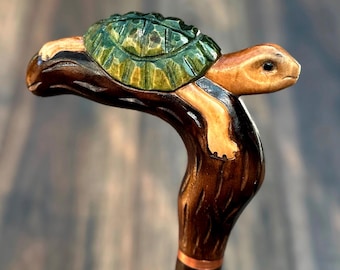 Walking Cane Canes and Walking Sticks Walking Stick Wooden Cane Handmade Accessories Carved Cane (Turtle Handle) USA