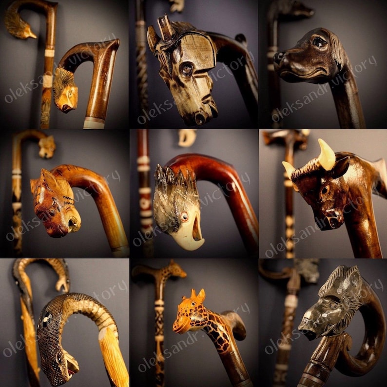 Pu&ograve; includere: Nove bastoni da passeggio con teste di animali intagliate in modo intricato. Le teste sono in legno e dipinte in vari colori. I bastoni sono in legno scuro e hanno una finitura lucida.