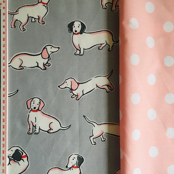 FABRIC BUNDLE Cath Kidston Sausage Dogs Dachshund & Button Spots on Pink 2 * 50cm x 50cm 20” Square Lightweight 100% Cotton New
