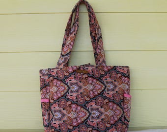 Handmade Fabric Shoulder Bag Purse-Peach/Black Paisley