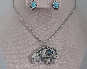 Turquoise Bear Necklace & Earrings SET
