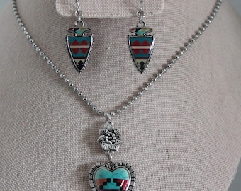 Turquoise Heart Arrowhead Necklace & Earrings SET