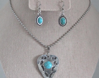 Turquoise Guitar Pick Necklace & Earrings SET