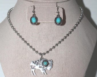 Turquoise Bison Necklace & Earrings SET
