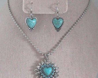 Turquoise Flower Heart Necklace & Earrings SET