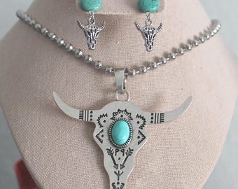 Turquoise Bull Head Necklace & Earrings SET