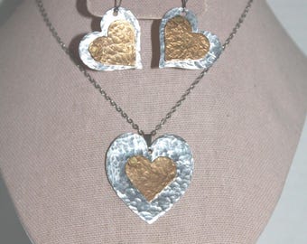 Hammered Brass and Silver Heart Necklace SET