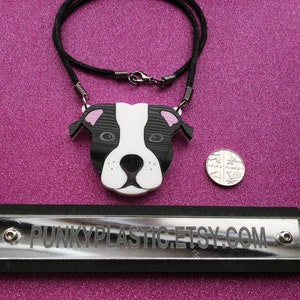 Laser cut cute staffy dog 2 layer acrylic necklace. Acrylic asylum jewellery stock. End of line stock.